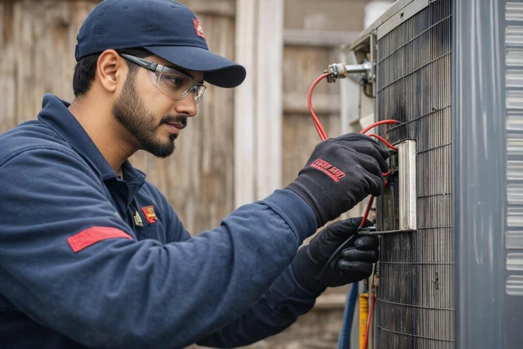 AERO Comfort HVAC Technician Servicing Air Conditioning Unit